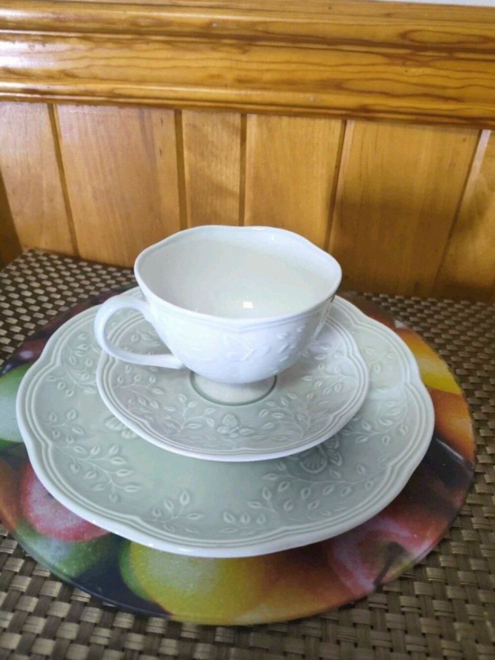 Lenox Butterfly Meadow Leaf Embossed Footed Cup Saucer & Plate Set of 3
